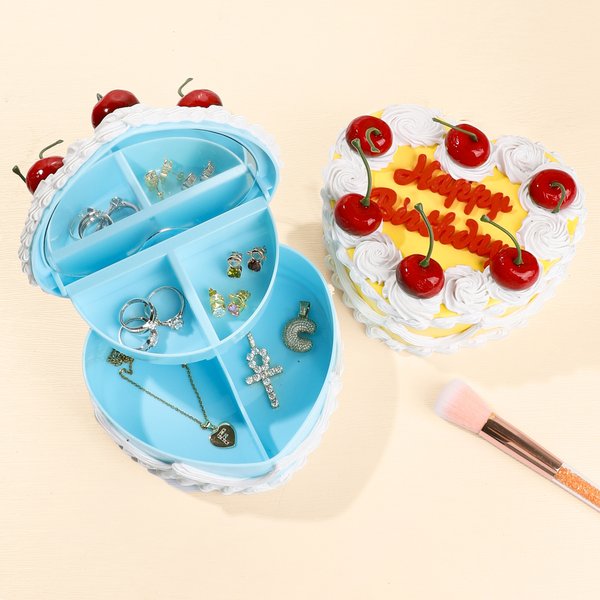 Personalized Heart-Shaped Cherry Cake Jewelry Box with Text and Mirror Room Decor Birthday Anniversary Gift for Women Girls