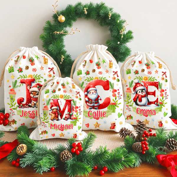 Personalisierte Schneemann Rentier Pinguin Weihnachten Initial Drawstring Geschenk Tasche mit Namen Heiligabend Party Geschenk für Kinder Familie Freunde