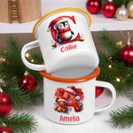 Personalised Cartoon Christmas Penguin Reindeer Initial 12 oz Coloured Rim Enamel Mug with Name Christmas Gift for Boys Girls