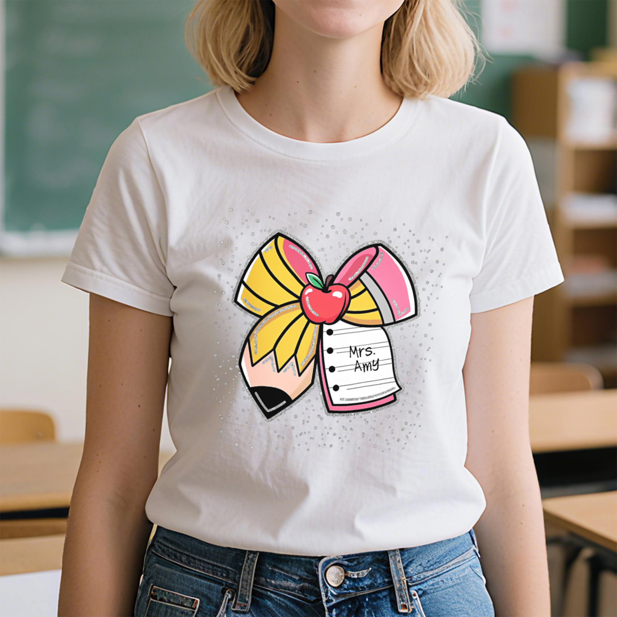 Cahier de composition personnalisé Coquette Bow Glitter 100% coton T-shirt avec texte Daily Wear Appreciation Birthday Gift for Teacher School Staff