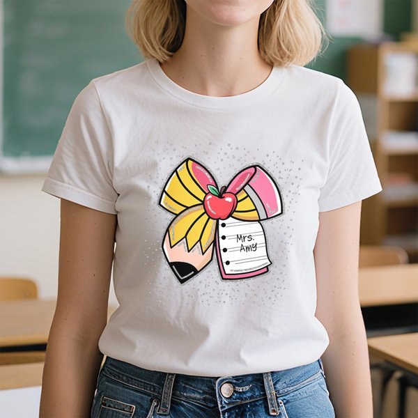 Personalised Pencil Composition Book Coquette Bow Glitter 100% Cotton T-shirt with Text Daily Wear Appreciation Birthday Gift for Teacher School Staff