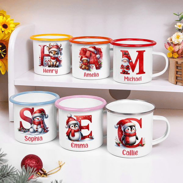 Personalizzato Cartoon Natale Pinguino Renna iniziale 12 oz colorato bordo tazza smalto con nome regalo di Natale per ragazzi ragazze