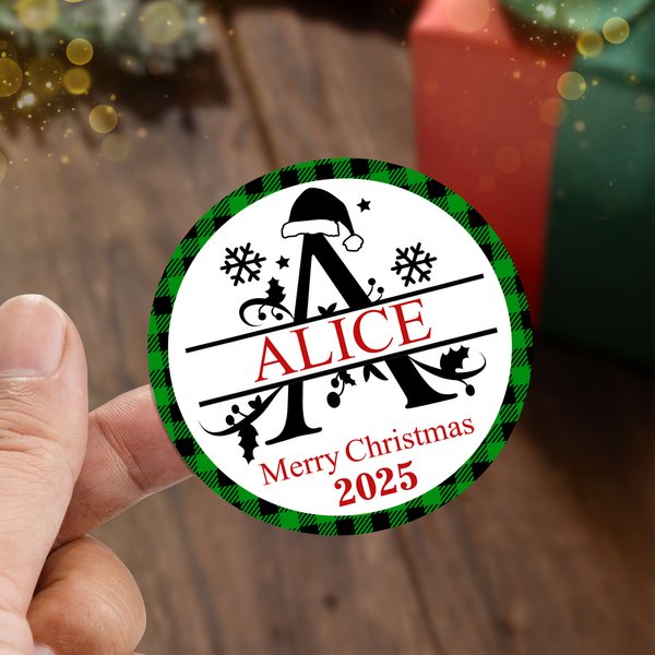 Monogramme de Noël personnalisé Lot de 2 étiquettes autocollantes imperméables avec nom, texte et année Décoration de Noël Favors pour la famille et les enfants