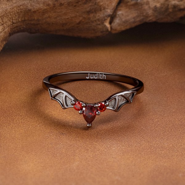 Personalised Gothic Bat Wings Ring with Birthstone Vampire Vintage Rings Cool Punk Jewellery Goth Accessories Wedding Anniversary Gift for Women