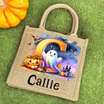 Personalized Ghost Pumpkin Initial Jute Tote Bag with Name Trick or Treat Activity Halloween Gift for Boys Girls