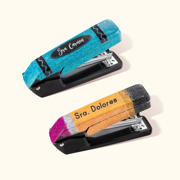 Grapadora giratoria de purpurina personalizada con diseño de lápiz y crayón accesorio para escritorio regalo de vuelta al cole para profesores