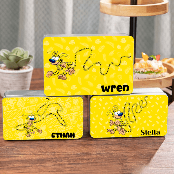 Personalized Cute Long-Tailed Leopard Marsupilami Food Grade Metal Biscuit Tin Box with Name Birthday Christmas Gift for Kids | Callie × Marsupilami®