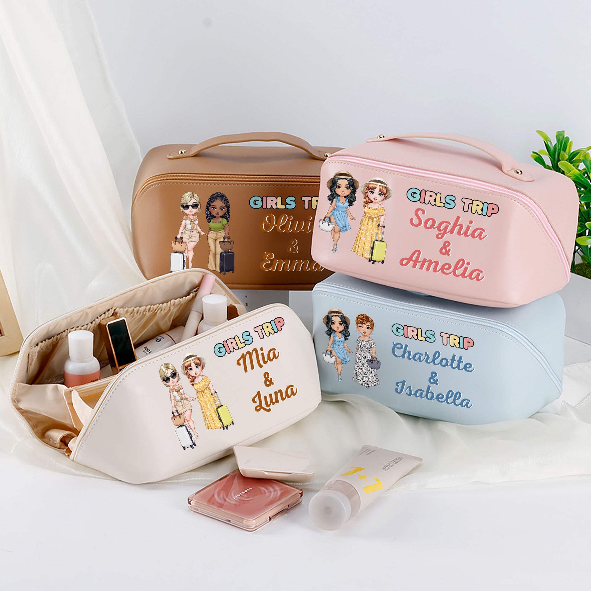 Sac de maquillage en cuir PU à large ouverture avec nom Cadeau d'anniversaire pour les femmes