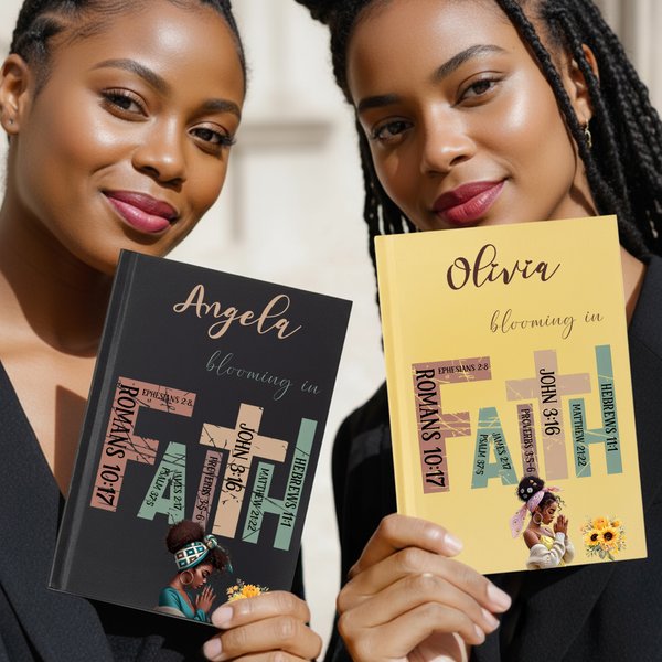 Personalised Sunflower Black Girl Bible Faith A5 Lined Notebook and Pencil Set with Name Birthday Christmas Gift for Black Christian Woman