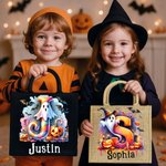 Personalized Ghost Pumpkin Initial Jute Tote Bag with Name Trick or Treat Activity Halloween Gift for Boys Girls