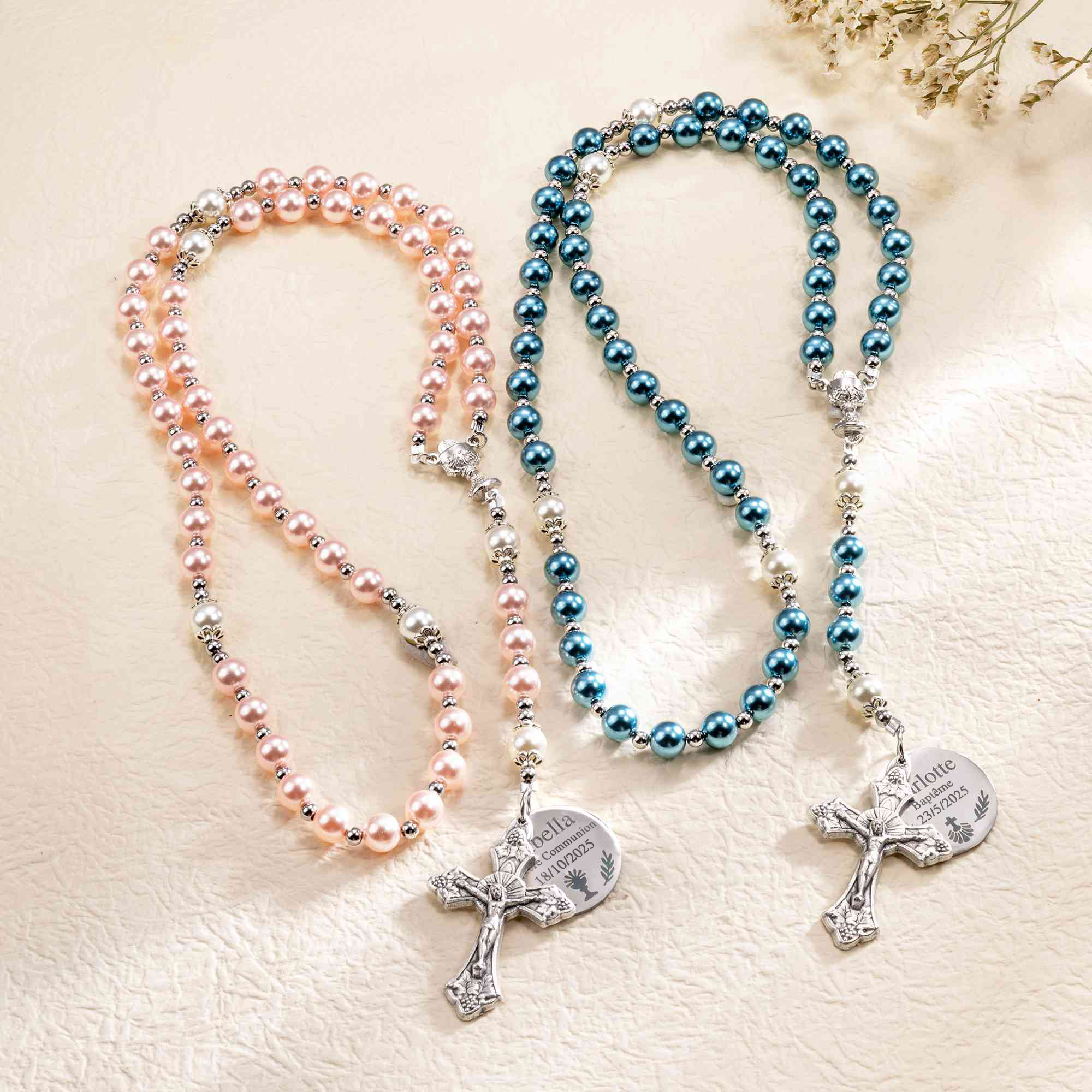 Chapelet en Perles Personnalisé avec Nom et Date sur la Breloque Cadeau Baptême Première Communion pour Chrétiens