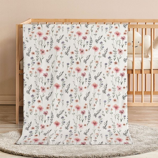 Personalized Wildflower Soft Throw Baby Blanket with Name Baby Shower Birthday Christmas Gift for Newborns New Parents