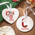 Personalized Santa Claus Candy Cane Initial Round Heart Christmas Ornaments with Name and Lanyard Home Decor Christmas Gift for Family
