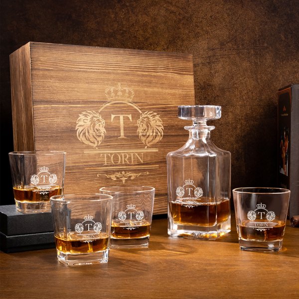Personalized Lion Vintage Border Whiskey Glass Wooden Box Set with Initial and Name Father's Day Birthday Anniversary Gift for Grandad
