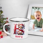 Personalised Cartoon Christmas Penguin Reindeer Initial 12 oz Coloured Rim Enamel Mug with Name Christmas Gift for Boys Girls