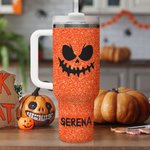 Bicchiere personalizzato da 1180 ml ad effetto glitter con nome e faccia di zucca divertente regalo di Halloween per amici e familiari