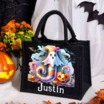 Personalized Ghost Pumpkin Initial Jute Tote Bag with Name Trick or Treat Activity Halloween Gift for Boys Girls