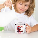 Personalised Cartoon Christmas Penguin Reindeer Initial 12 oz Coloured Rim Enamel Mug with Name Christmas Gift for Boys Girls