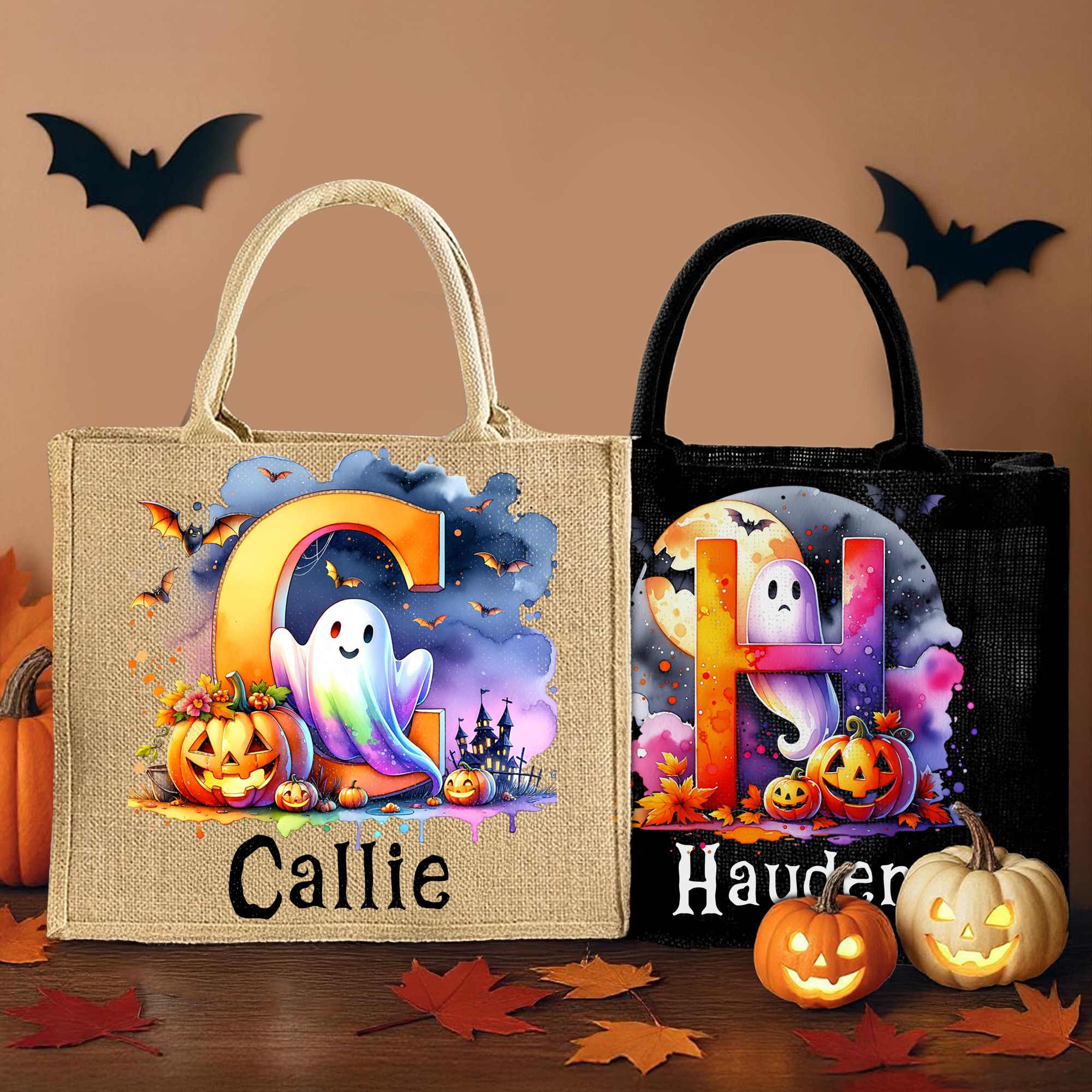 Sac à dos en toile de jute avec nom Fantôme Citrouille Initiale Activité Halloween Cadeau pour Garçons Filles