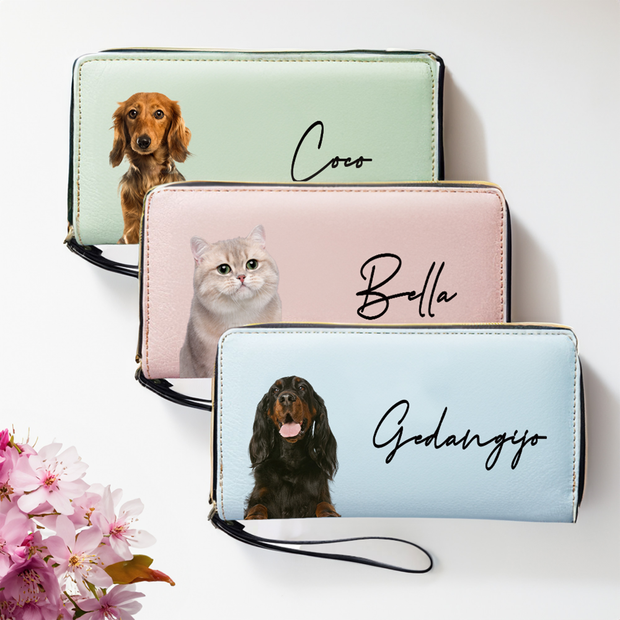 Personnalisé 1-3 Photos d'animaux Portefeuille en cuir PU avec noms Anniversaire Cadeau pour Femme Chien Chat Maman