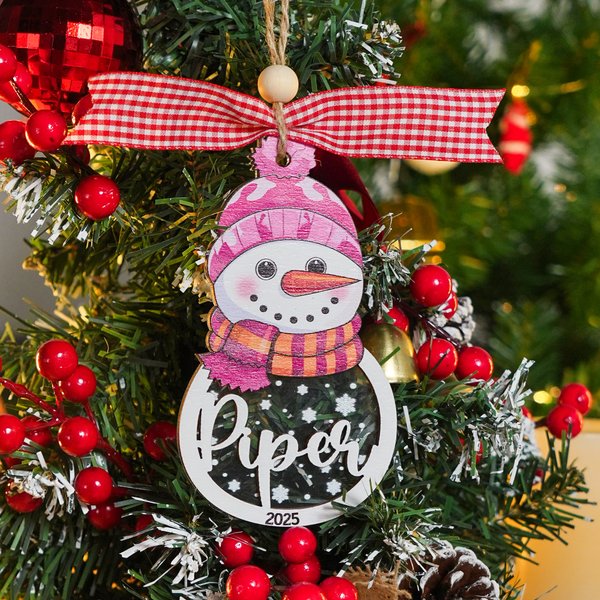Personalized Snowman Snowflake Name Wooden Ornament with Year and Ribbon Cute Christmas Tree Decor Festival Gift for Family Kids
