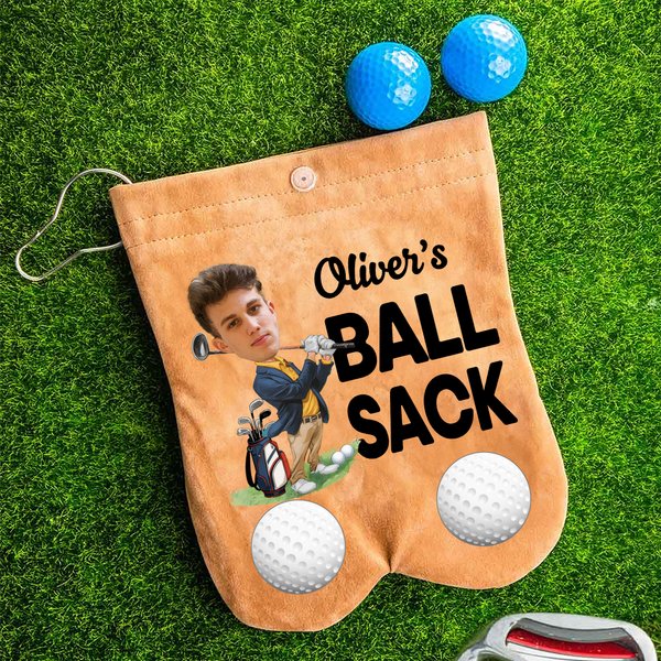 Personalized Cartoon Character Face Photo Suede Golf Ball Bag Sack with 2 Golf Balls Golf Accessory Birthday Gift for Golfer Golf Player