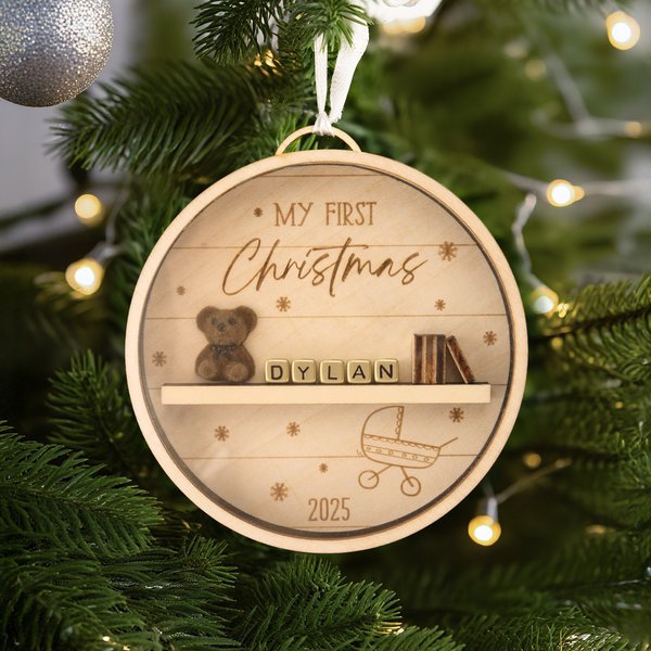 Personalized Bookshelf and Teddy Bear Wooden Christmas Tree Ornament with Name and Year Block Tree Decor First Christmas Gift for New Parents Newborns