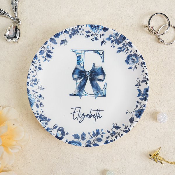 Personalized Chinoiserie Toile De Jouy Ceramic Jewellery Dish with Initial and Name Wedding Engagement Birthday Gift for Women