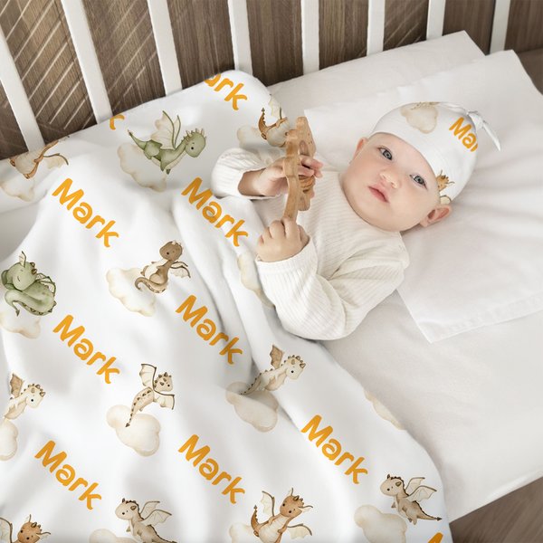 Personalised Cute Dinosaur 100% Cotton Soft Swaddle Blanket and Knot Hat Set with Name Daily Use Baby Shower Birthday Gift for Newborns