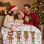 Personalised Cute Reindeer Plush Soft Throw Blanket with 1-15 Names and Text Home Decor Birthday Christmas Gift for Kids Family Friend