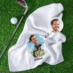 Personalized Cartoon Head Photo Character 100% Cotton Absorbent Golf Towel with Name and Carabiner Clip Game Day Birthday Gift for Golf Players Lovers