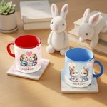 Personalized Dreamy Rabbit Couple Ceramic Mug with Names and Coaster Valentine's Day Anniversary Christmas Gift for Couples