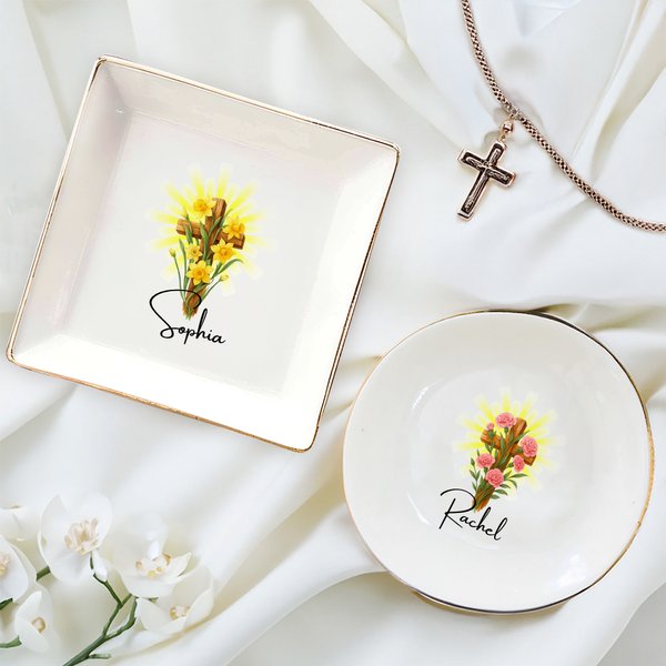 Personalised Birth Flower Cross Ceramic Trinket Jewellery Dish with Name Home Decor Birthday Baptism Christmas Gift for Christians Girl