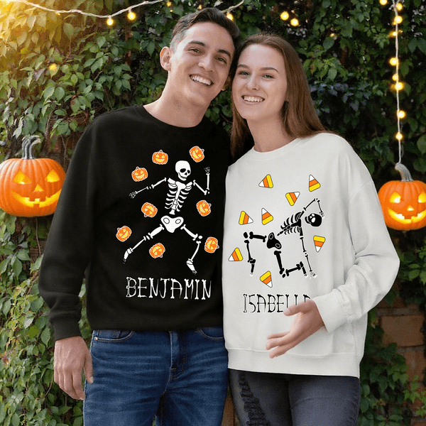 Personalised Halloween Skeleton Pumpkin Sweets Sweatshirt with Name Halloween Gift for Family Friends