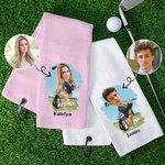 Personalized Cartoon Head Photo Character 100% Cotton Absorbent Golf Towel with Name and Carabiner Clip Game Day Birthday Gift for Golf Players Lovers