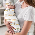 Personalised Cute Dinosaur 100% Cotton Soft Swaddle Blanket and Knot Hat Set with Name Daily Use Baby Shower Birthday Gift for Newborns