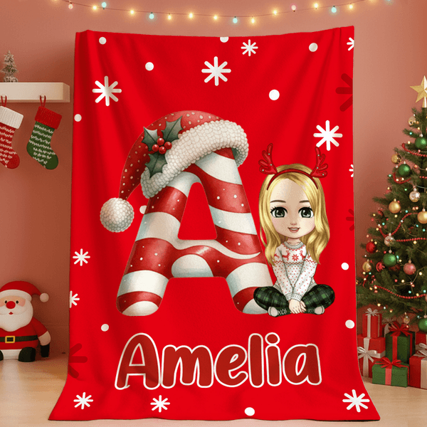 Personalized Santa Hat Initial Snowflakes Cartoon Character Soft Throw Blanket with Name Home Decor Christmas Gift for Family Friends