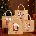 Personalized Santa Claus Candy Cane Style Initials Large Jute Tote Bag with Name Daily Use Christmas Gift for Family Friends