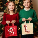 Personalized Santa Claus Candy Cane Style Initials Large Jute Tote Bag with Name Daily Use Christmas Gift for Family Friends