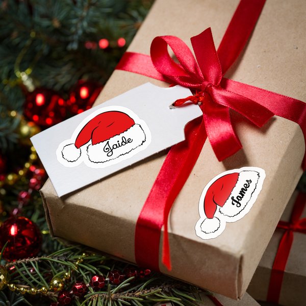 Personalized Cute Santa Hat Waterproof Stickers with Name Gift Decor Christmas Festival Party Favors for Family Friends