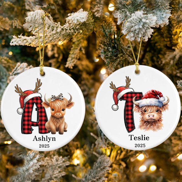 Personalized Highland Cow Christmas Initial Ceramic Ornament with Name and Year Home Decor Christmas Gift for Highland Cow Lover Family Friend