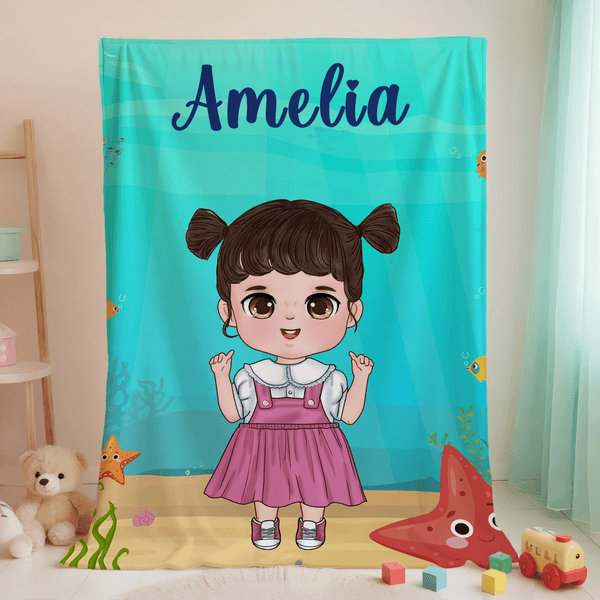 Personalised Cute Cartoon Character Ocean Element Soft Throw Blanket with Name Room Decor Birthday Anniversary Gift for Boys Girls
