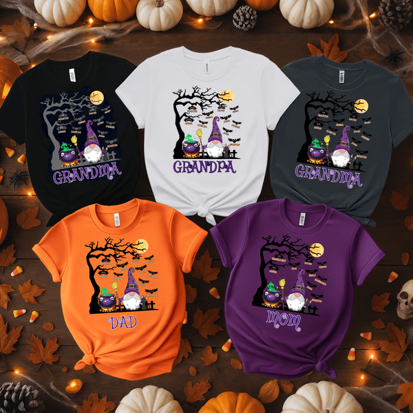 Personalised Old Wizard Bat Multicolor 100% Cotton T-shirt with Title and 1-10 Kid Names Halloween Costume Holiday Gift for Family Friends