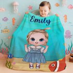 Personalized Cute Cartoon Character Ocean Element Soft Throw Blanket with Name Room Decor Birthday Anniversary Gift for Boys Girls
