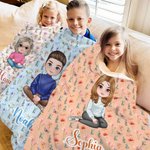 Personalisierte Decke mit Geburtsblumen-Hintergrund Cartoon-Figur Namen Wohndeko Weihnachten Jahrestag Geburtstag Geschenk für Familie Freunde