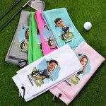 Personalized Cartoon Head Photo Character 100% Cotton Absorbent Golf Towel with Name and Carabiner Clip Game Day Birthday Gift for Golf Players Lovers