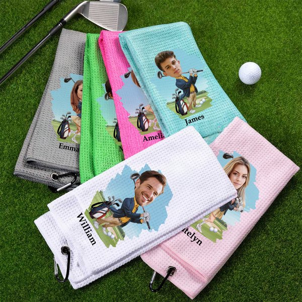 Personalised Cartoon Head Photo Character 100% Cotton Absorbent Golf Towel with Name and Carabiner Clip Game Day Birthday Gift for Golf Players Lovers