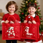 Personalized Santa Claus Candy Cane Style Initials Large Jute Tote Bag with Name Daily Use Christmas Gift for Family Friends