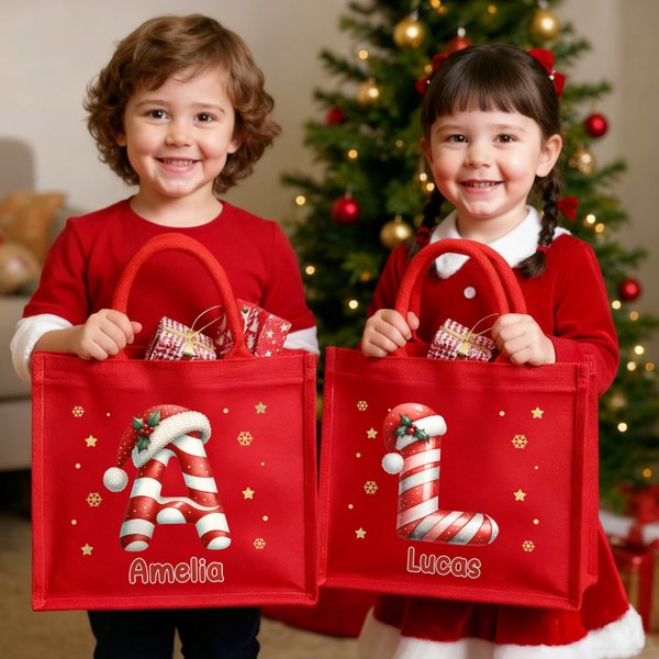 Personalized Santa Claus Candy Cane Style Initials Large Jute Tote Bag with Name Daily Use Christmas Gift for Family Friends