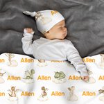 Personalised Cute Dinosaur 100% Cotton Soft Swaddle Blanket and Knot Hat Set with Name Daily Use Baby Shower Birthday Gift for Newborns